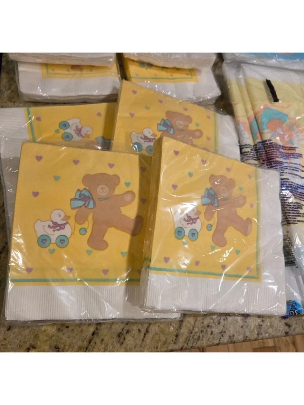 Vtg 80's 90's Lot of 4 Baby Shower Tablecloth Bear Heart Pony & 240 Napkins